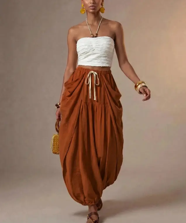 Rachel Tucker Women's Summer Boho Beach Vacation Holiday Mustard Yellow Brown Loose Harem Lantern Jogger Pant,Casual Commuting Travel Music Festival Party Outfit