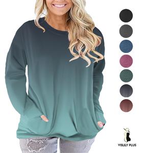 Plus-Size-Tops for Women Casual Basic Long Sleeve Gradient Tunics Chic Lightweight Crewneck Pockets Solid Sweater Shirts Soft Stretchy Fabric Cozy Fit XL-5XL RPS2004 Dressy Style Womenswear Everyday summerwins