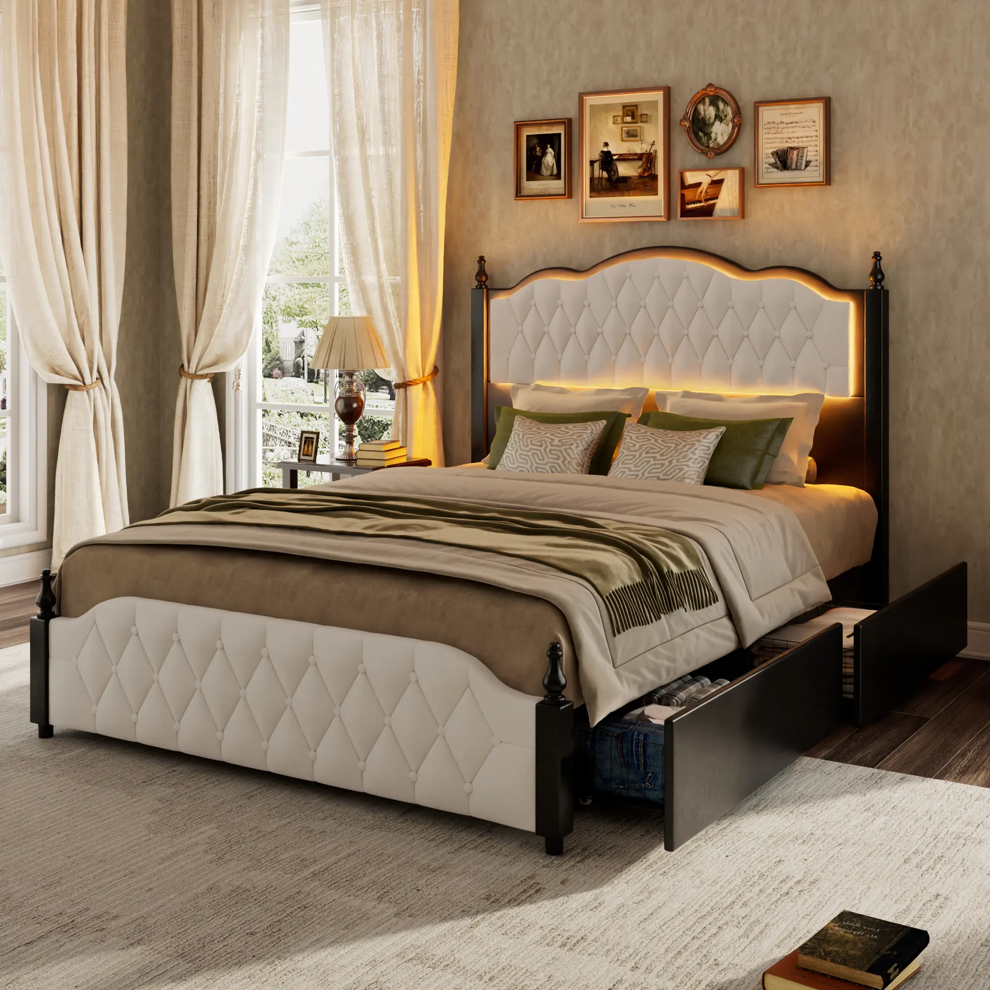 Solid Wood Platform Bed Frame, Full & Queen Size, 51.2" Tufted Headboard with Roman Column Accents, Built-in LED Lights, 2 Underbed Storage Drawers, Wood Slat Support, No Box Spring Needed