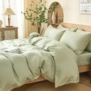 PUREFIBER 100%Natural Linen Bedding Set-SAGE(1pc Duvet cover + 2pcs Pillow cases),breathable,french flax