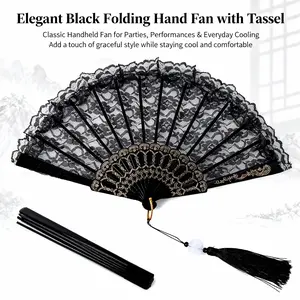 1 folding fan handheld fabric bamboo fan Chinese retro style handheld folding fan suitable for party wedding dance decoration (lace)