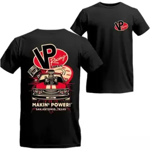 VP Racing Fuels T-shirt, printed with a red muscle car design and the words "Makin' Power," bold and cool, suitable for racing fans