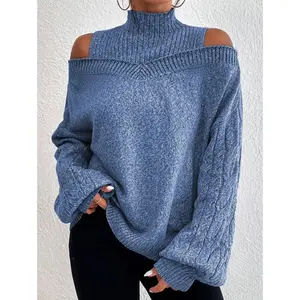 Women's Neck Cold Shoulder Sweater Cable Knit Bell Sleeve Pullover Trendy Casual Knit Top for FallWinter Daily Wear Street Style Fashion Cozy Sweater for Womenswear