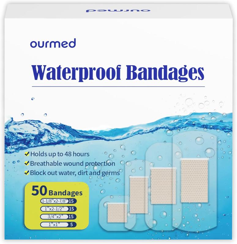 Ourmed Waterproof Bandages, Clear Adhesive Bandages for First-Aid, Wound Care, Fingers, Knees and Heels, Stays on Skin in The Bath, Shower or Pool, Assorted Sizes, 100 Count