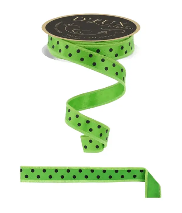 7/8" x 10yd D'Lux Small Polka Dot Ribbon in Fresh Green & Black w/ Green Fused Backing