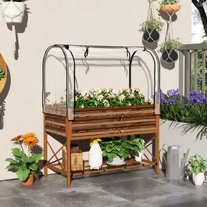 Brown Metal Raised Garden Bed with Greenhouse Cover and Legs, Elevated Planter Box with Bottom Shelf and Non Woven Liner, 37 Gallon Capacity, 30" Tall Reduces Bending, for Vegetables and Flowers