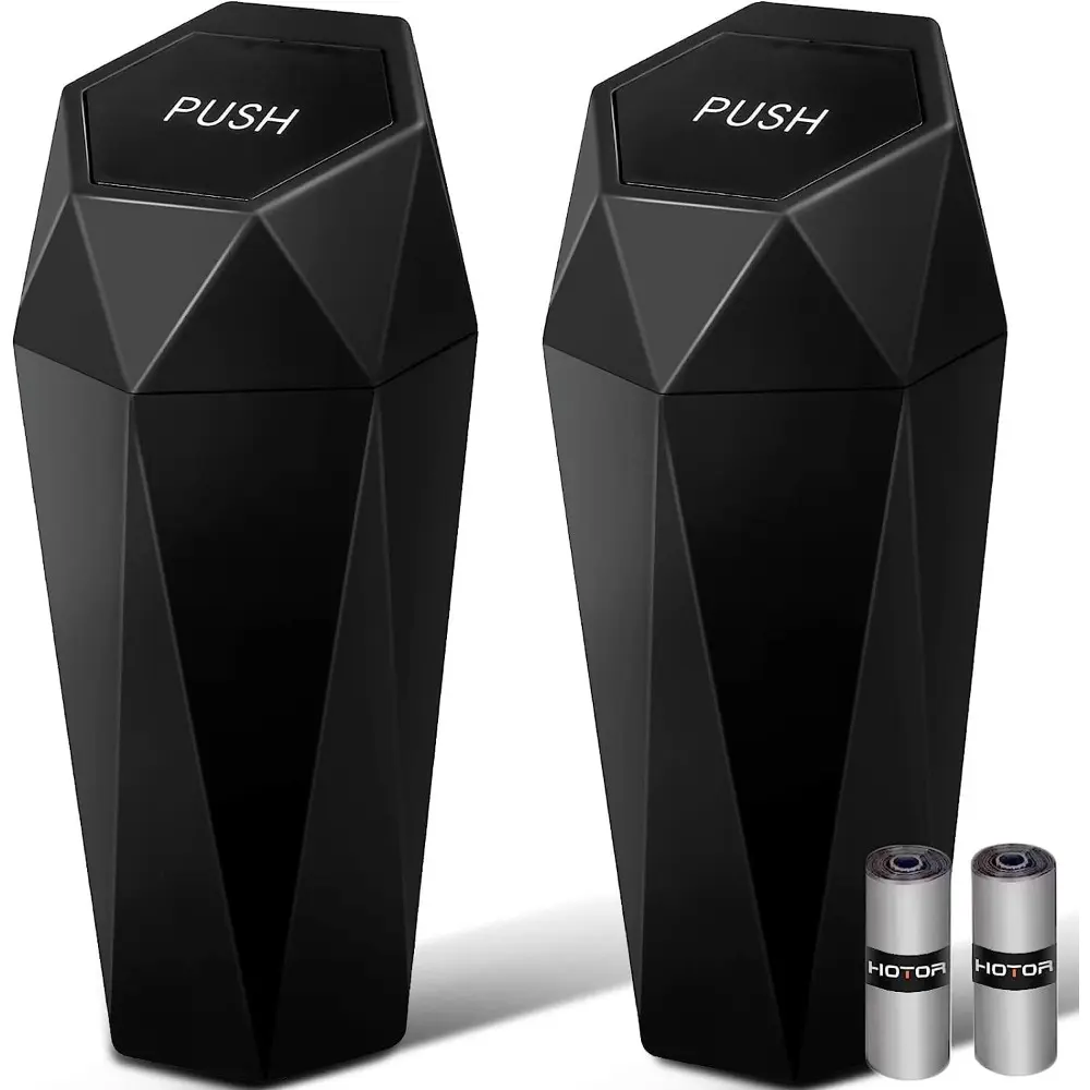 Car Trash Can with Lid-2 Pack, Accessories For Car Interior, Leakproof Vehicle Garbage Can with 30 Attached Trash Bags, Multipurpose Organizers and Storage For Home, Office, Black