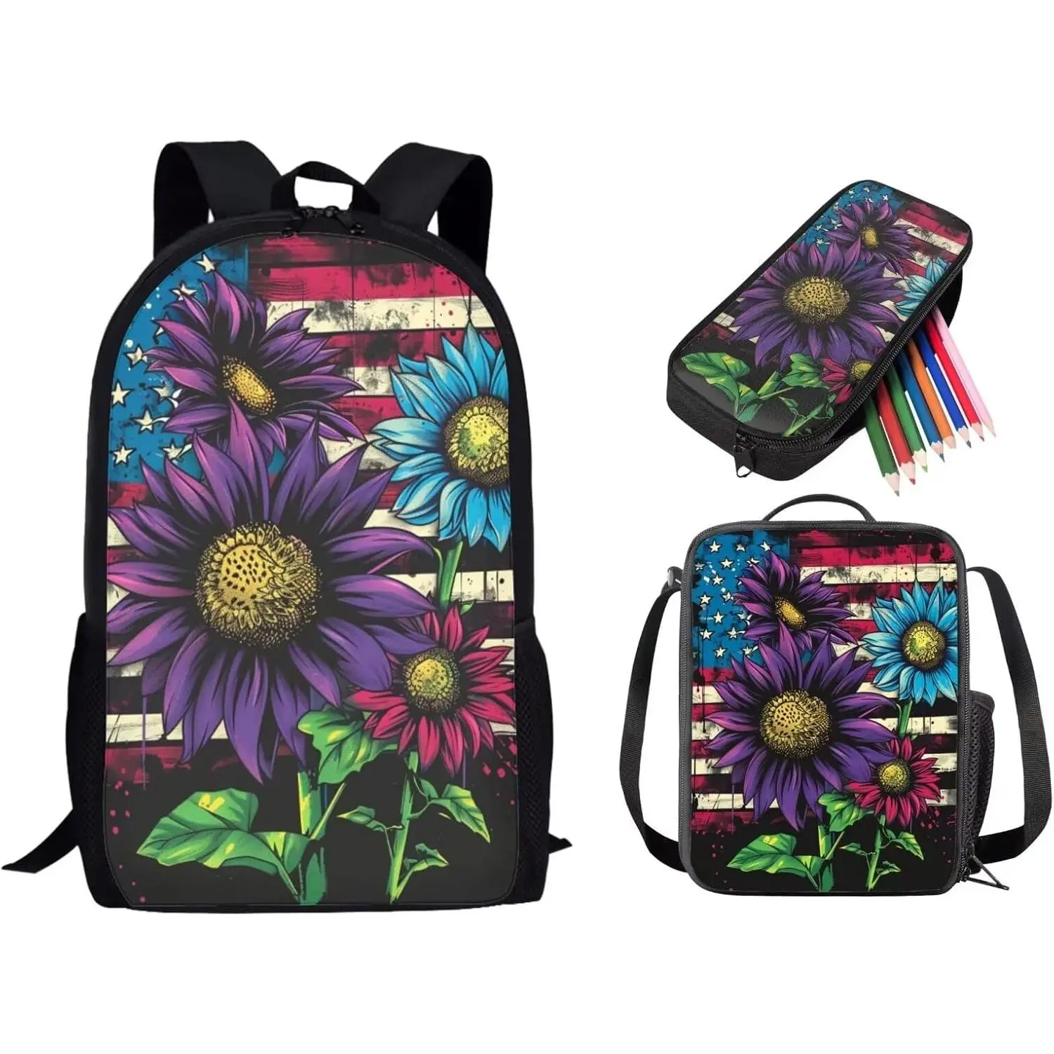 3 Pcs Kids Backpack Set, Sunflower American Flag Printed Boys Girls School Backpack and Lunch Box Set for Students, Large School Bookbag Set with Pencil Case, Back to School Supplies