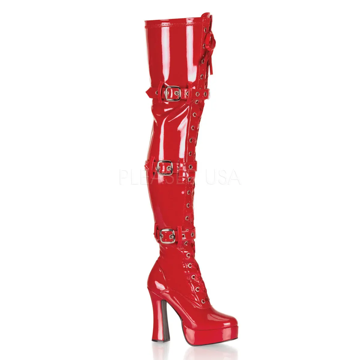 Women's Red Stretch Fabric Stiletto Thigh-High Boots, 5" Heel, 1.5" Platform, Triple Buckles, Ribbon Lace-Up, Full Inside Zip, Boot