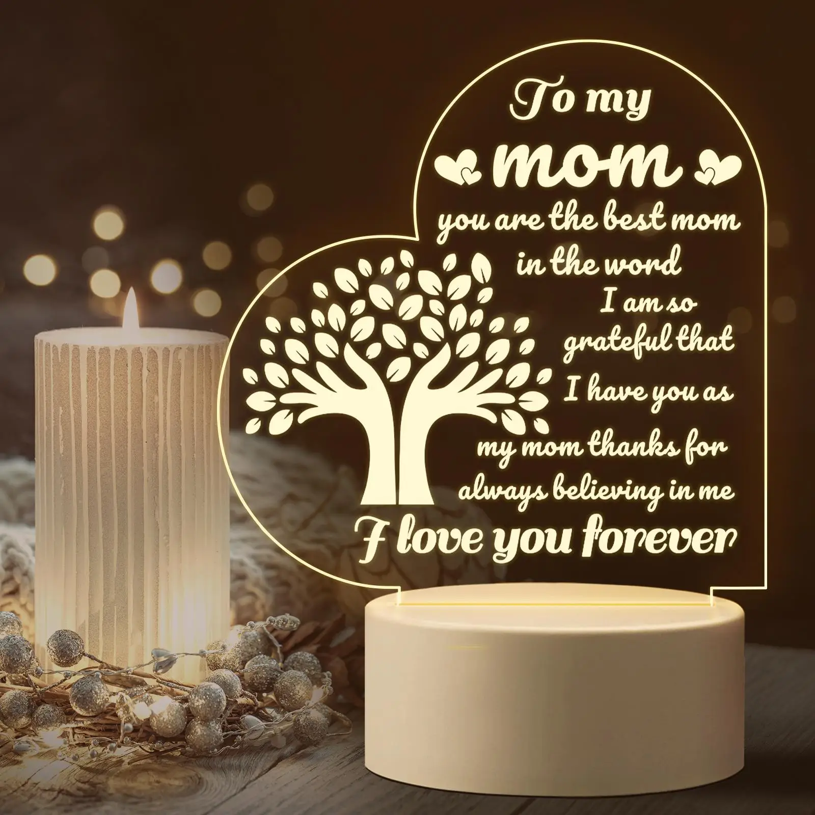 Letter & Tree Pattern Night Light, To My Mom Heart Shaped Decorative LED Lamp, USB Powered Table LED Lights For Bedroom Home Room Decor, Gifts for Mom