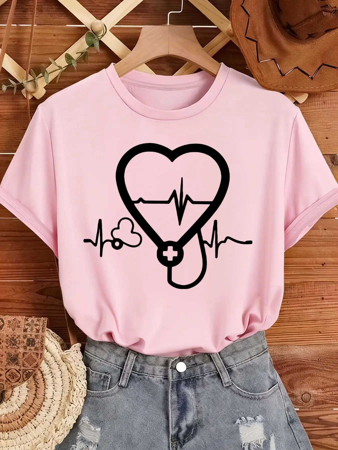 Women's Crew Neck Short Sleeve T Shirt Casual Womenswear with Heart Stethoscope ECG Medical Style Graphic Print Relaxed Loose Fit Soft Breathable Cotton Blend Skin Friendly Machine Washable No Shrink Fade Resistant Versatile for Commute Daily Wear
