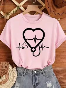 Women's Crew Neck Short Sleeve T Shirt Casual with Heart Stethoscope ECG Medical Style Graphic Print Relaxed Loose Fit Soft Breathable Cotton Blend Skin Friendly Machine Washable No Shrink Fade Resistant Versatile for Commute Daily Wear