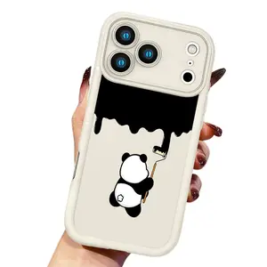Cute Funny Panda Painting Pattern Phone Case for iPhone 17 16 15 14 Pro Max 13 12 11 XR XS Plus Air Slim Shockproof Anti Scratch TPU Protective Cover