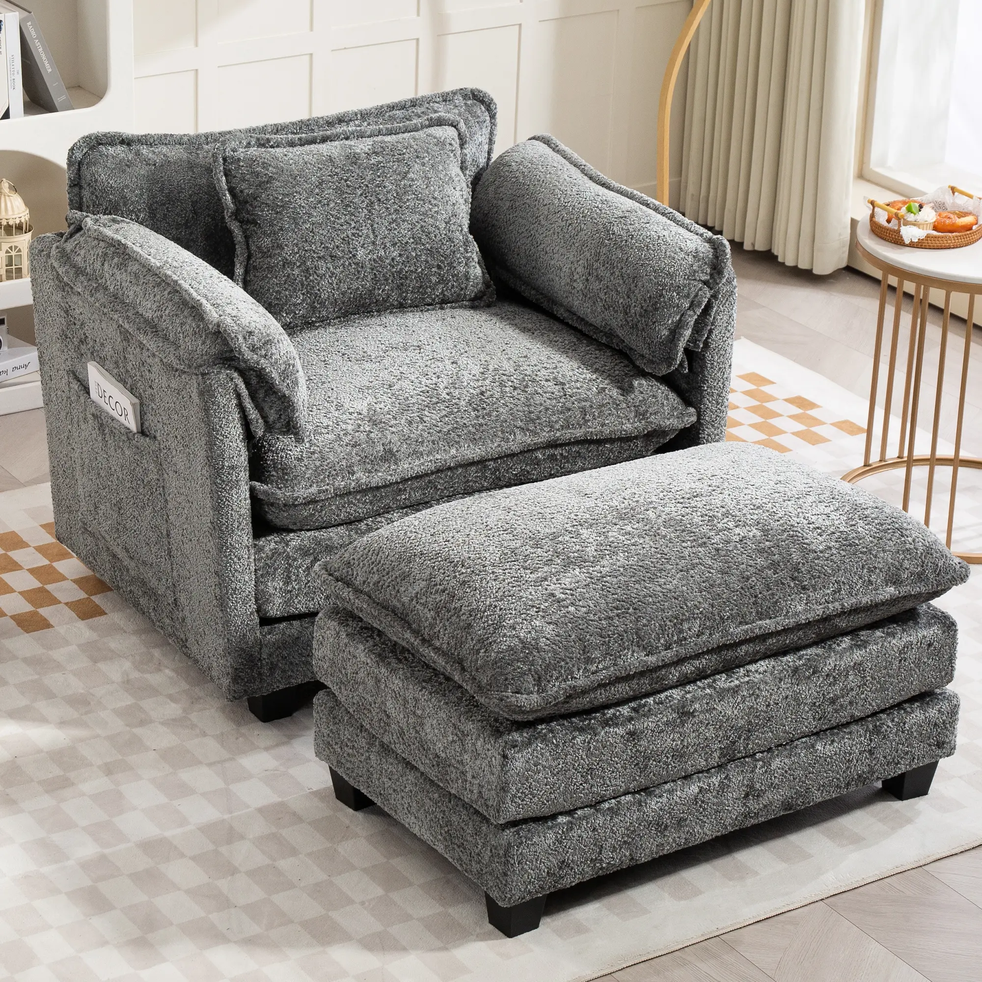 Upholstered Futon Couch - Oversized Indoor Boucle Single Sofa Bed (55.32x39.76in) with Portable Ottoman, Wider Seat, Double Deep Cushions, Thick Wrapped Armrests for Living Room, Bedroom