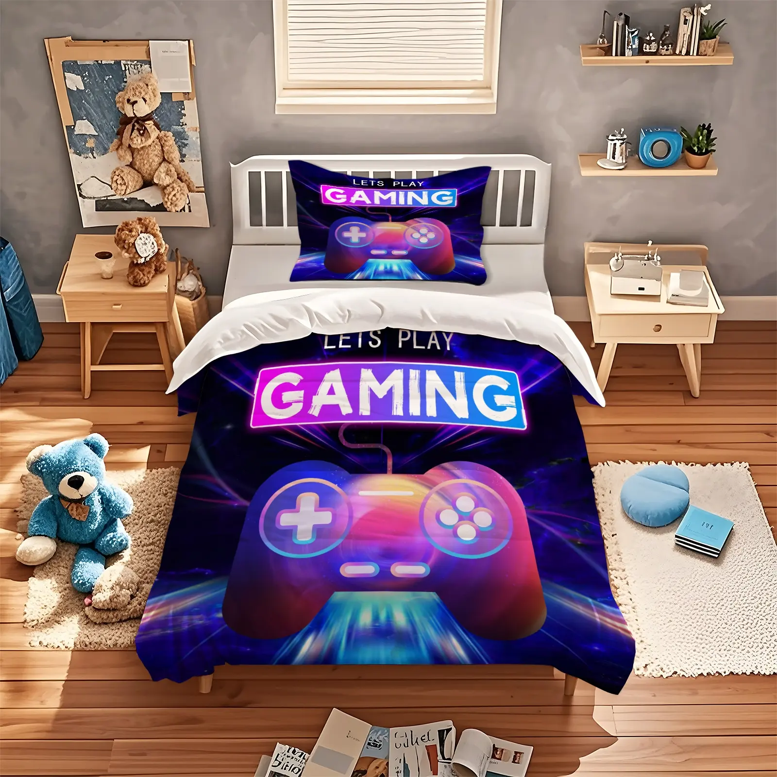 Cool Gaming Controller Pattern Sheet Set with Pillowcase, Soft Polyester Fiber Bedding, Zipper Closure, Breathable, All Seasons Use Cool Gaming Controller Pattern Sheet Set with Pillowcase, Soft Polyester Fiber Bedding, Zipper Closure, Breathable, All Seasons Use