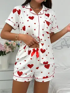 Women's Heart Print Pajama Set Pjs, Fashionable & Comfortable Soft Sleepwear & Loungewear Homewear, Casual Fitted Two-Piece Short Sleeve Nightgown for Daily Wear