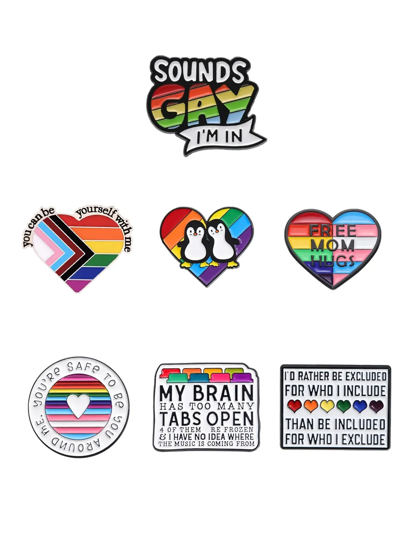 Lgbtq+ Pride Enamel Alloy Brooch Pin Set, Rainbow & Sassy Quote Brooches, Enamel Lapel Pins, Casual Style, All Seasons, Hearts Pattern, No Precious Metal Plating