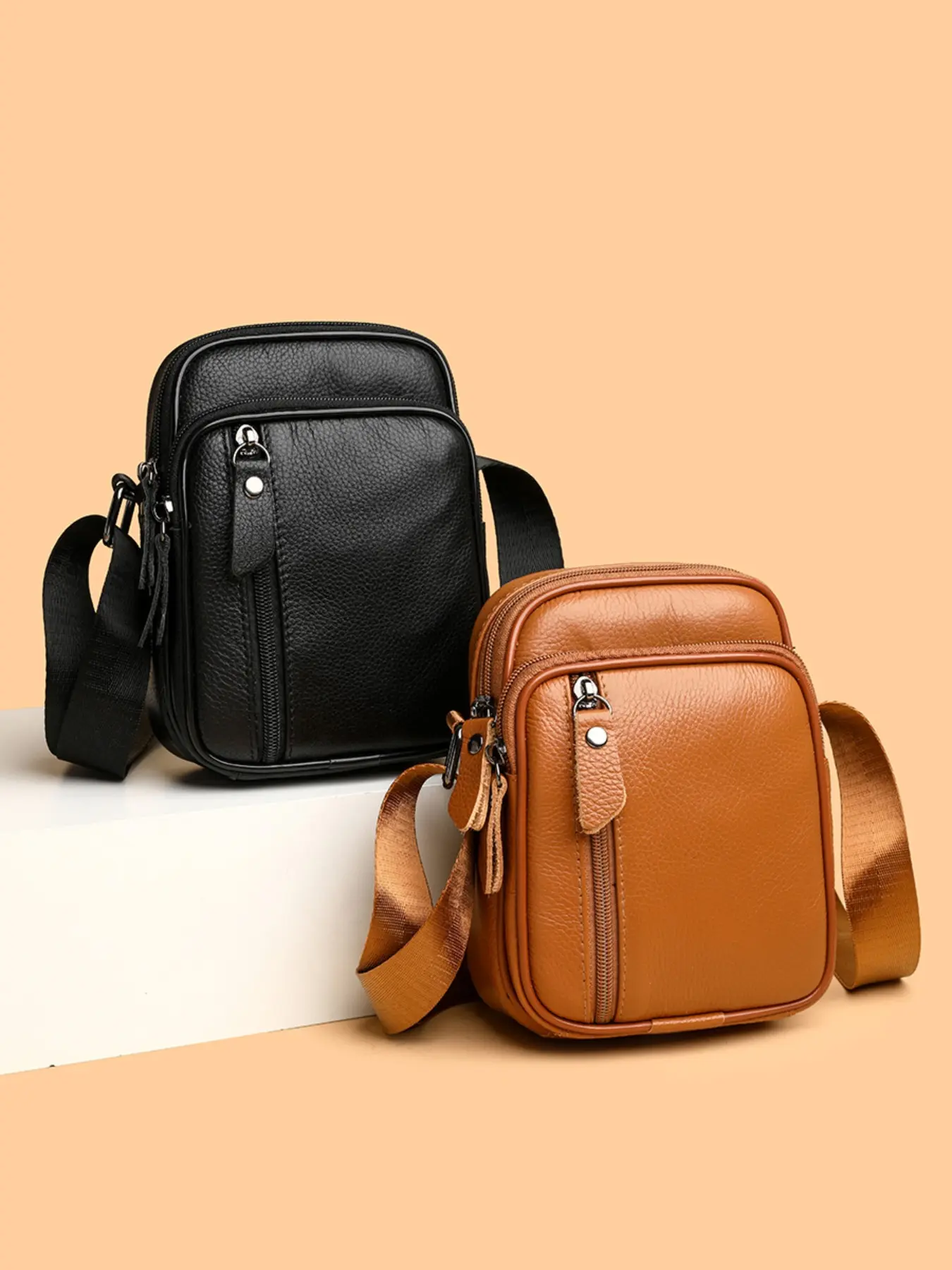 Genuine Leather Men's Shoulder Bag, Vertical Crossbody Bag, Thick Multi-Layer Casual Backpack, Small Square Shoulder Bag, Phone Pouch