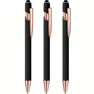 3pcs Cute Round Ballpoint Pens, Handwriting Tip, Ink, 2-In-1 Metal Pen, 1.0mm Medium Nib Smooth Writing, Rainbow Rubber Touchscreen