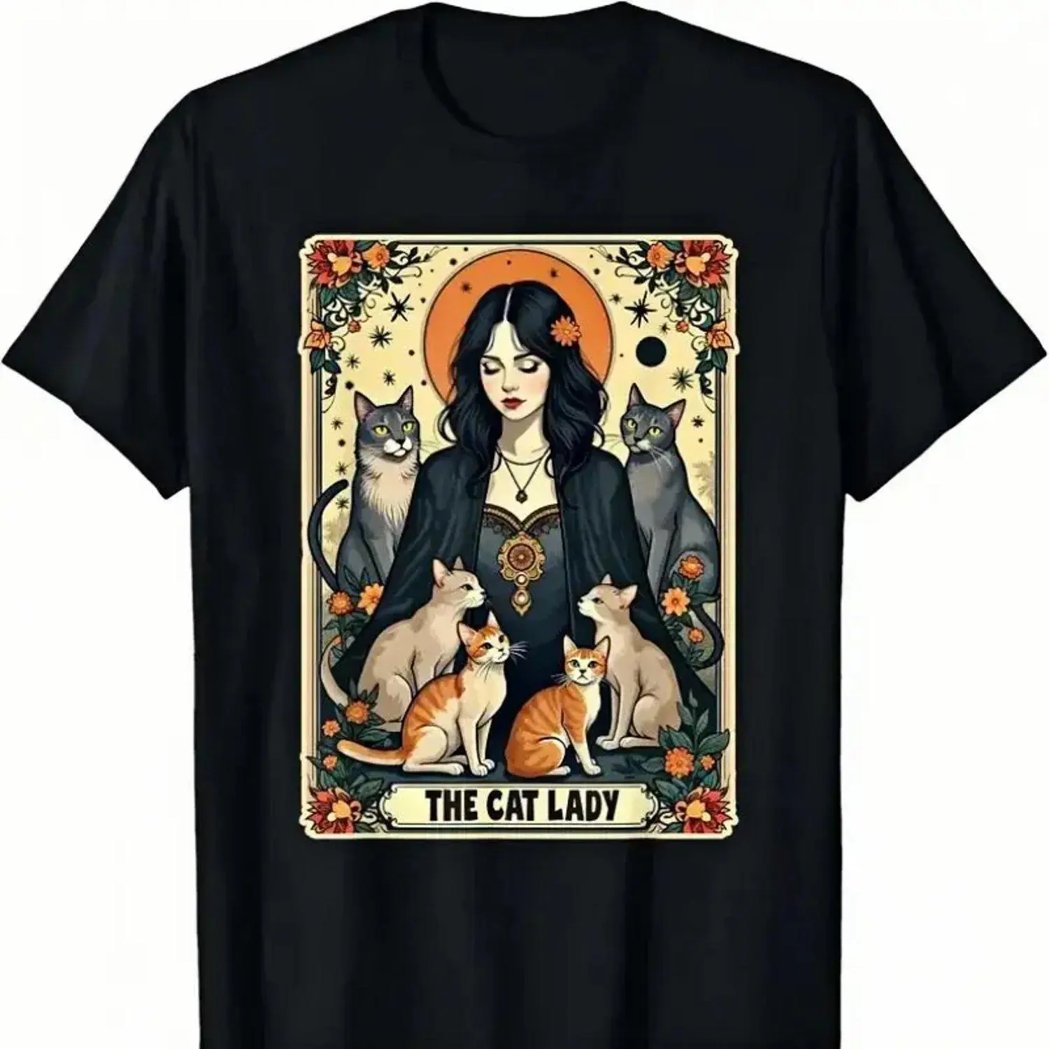 The Cat Lady Tarot Card Shirt Witchy Gothic Cat Mom Novelty Graphic T Shirt Funny T Shirt Undershirts Tees Casual Streetwear Classic Moisture Wicking Short Sleeve Crew Neck T Shirt