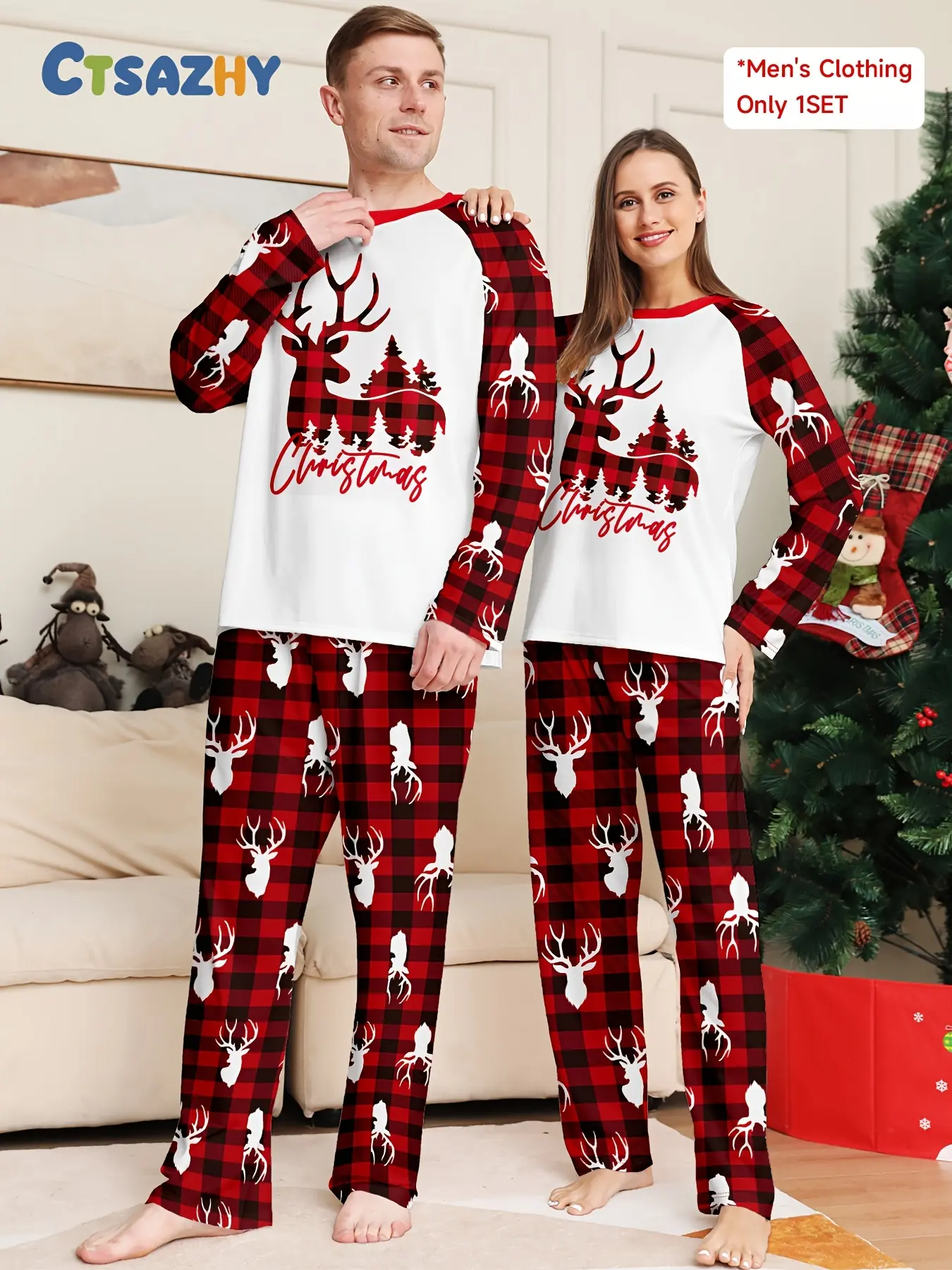 Men's Christmas Autumn and Winter Casual Home Pajama Set, Reindeer and Tree Print Long Sleeve Top, Red and Black Checked Trousers, Family Christmas Pajama Set, Family Christmas Pajama Set, Christmas Family Pajama Set,Christmas Family Pajama Set