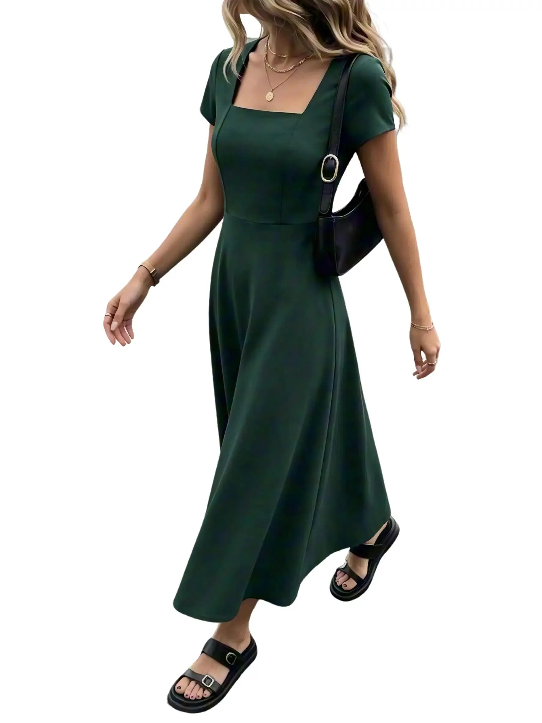 Retro square-neck short-sleeve waist-cinched flared dress, gentle style for everyday wear and gatherings, mid-length sundress suitable for birthdays, vacations, and baby showers. Casual Chic Outfit Womenswear