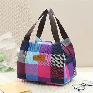 Plaid Pattern Colorful Lunch Bag, 1 Count Durable Canvas Lunch Box Bag with Handle, Insulated Lunch Bag for Women & Men, Kitchen Storage Organizer, Portable Lunch Bag, Durable Lunch Bags
