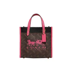 COACH Field 22 Classic Carriage-Print Leather Tote Bag for Women – Small, Brown and Pink Two-Tone