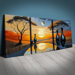 3-Piece African Tree & Vase Canvas Art Set, Modern Wall Decor, Wooden Wall Art, Sun Moon Print, Reusable HD Print, Home Office Living Room Coffee Shop Decoration