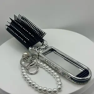 GlamFold Mini Rhinestone 2 in 1 Hair Brush with Mirror Pearl Necklace Included Travel Sized Nylon Bling Hair Brush & Mirror with Pearl Keychain Hair Care Tool Detangling Hairbrush