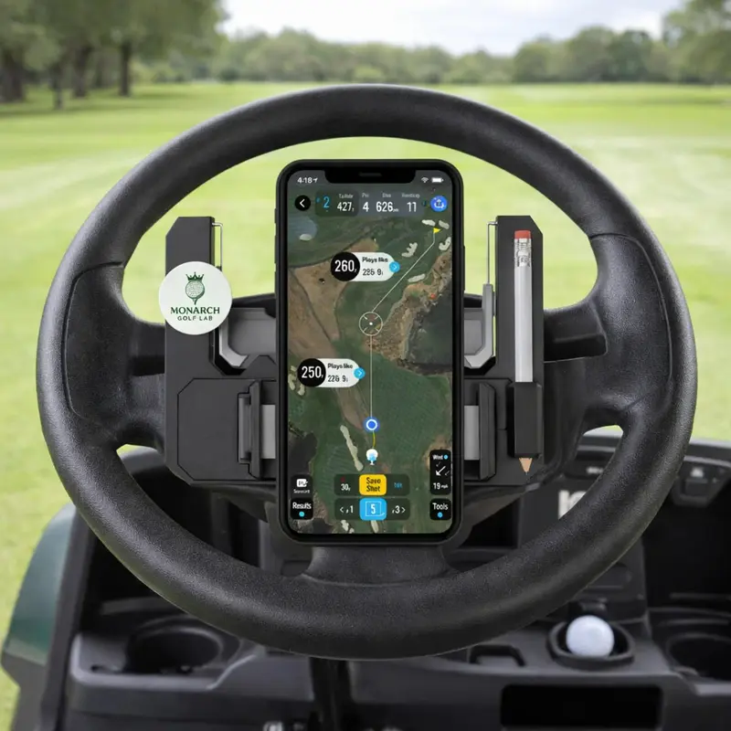 Golf Cart Steering Wheel Phone Mount Flip-Up Cell Phone Holder for Club Car with Secure Grip and Easy Access Smartphone Cellphone Automotive Phone Holder