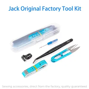 Jack 5-Piece Sewing Tool Set,Includes 1 ring cutter, 1 seam ripper, 1 measuring tape, 1 pair of tweezers, and 1 pair of small thread snips. Comes in box packaging. A practical sewing tool set