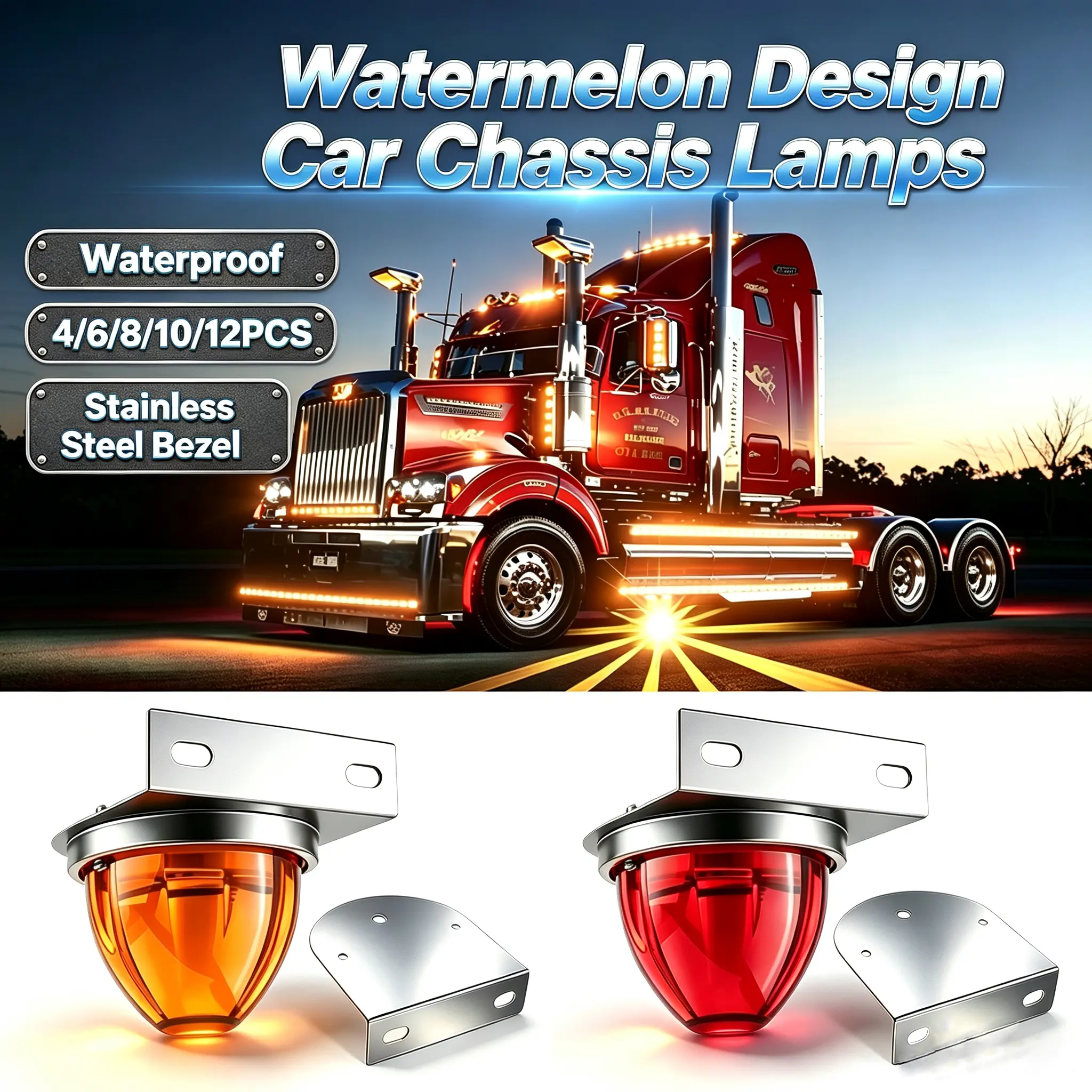 2/4/8/10/12 watermelon light Pcs Amber Red Glass Lens Watermelon Lights LED Side Marker Turn Signal Lights with Stainless Steel Bezel Replacement for Kenworth Peterbilt  Freightliner Watermelon Design Car Chassis Lamps bracket