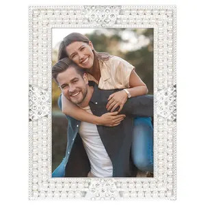 REGALWOVEN Pearl Picture Frame, Luxury Vintage Retro Plated Crystal Photo Frames with Glass Front on Tabletop Display for Wedding, Office, Home Decor 5x7 Inch Silver
