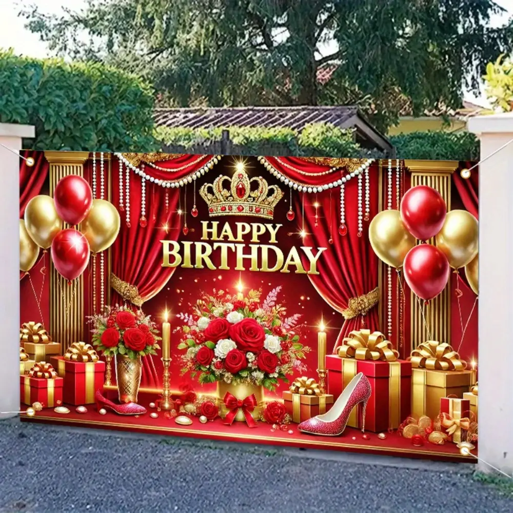 1PC, 2D Flat, red and gold rose high heels birthday decoration, 70.8x43.3inch polyester banner background cloth, indoor and outdoor photography, outdoor festivals and theme activities, no electricity required