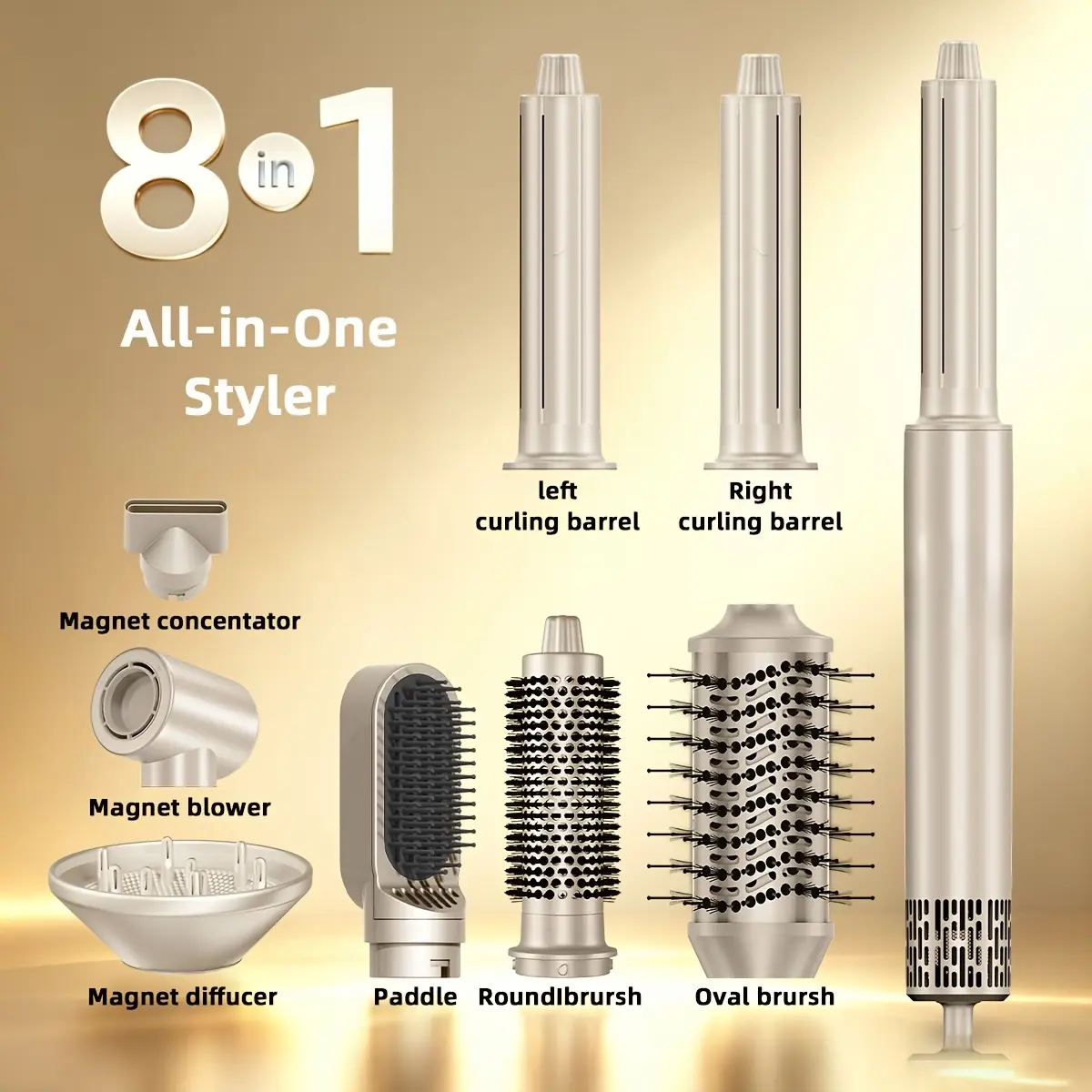 8-in-1 Ionic Hair Styler & High-Speed Dryer - 110000 RPM Hot Brush, Straightener Comb, Auto Wrap Curler for Smoothing, Volumizing Roots, Champagne Golden Beauty & Personal Care Gift, Curling