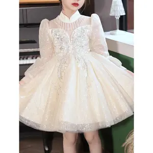 Elegant Long-Sleeve Dress Girls with a Standing Collar And Tassels, Perfect Little Princesses, Evening Events, And Flower Girl Duties
