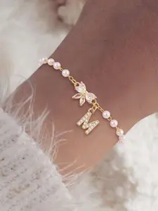 Women's Zirconia Initial Crystal Bow Pendant Bracelet, Sweet Vintage Faux Pearl Beaded Chain, Casual Style Jewelry for All Seasons