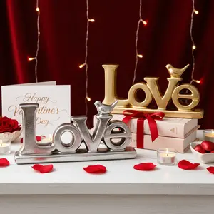 European Gold Foil Silver Color Love Letter Ornament, Resin Material Antique Desktop Decoration, Holiday Party Home Table Decor, Vintage Plaque Decor