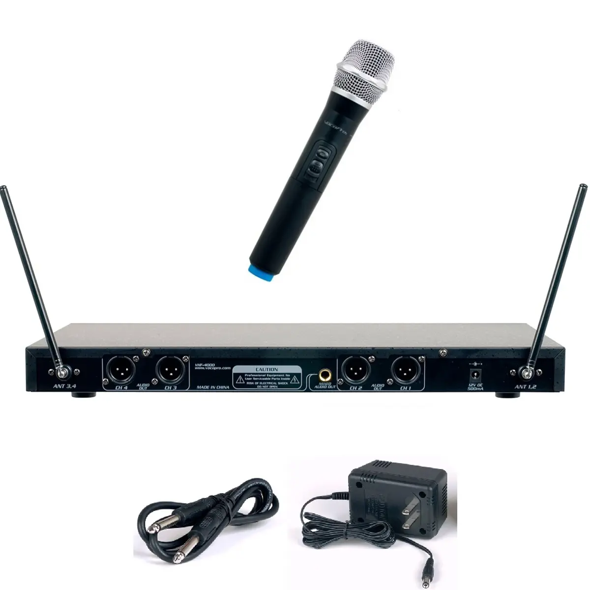 VocoPro VHF-4000-1 Professional Quad VHF Wireless Handheld Microphone System with Receiver, 169-216 MHz, High-Quality Audio Performance