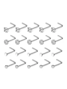 20Pcs Surgical Steel Nose Studs for Women Men, 20G Hypoallergenic Nose Rings Studs, L Shape/Corkscrew/Straight Bar Nose Piercing Jewelry, Perfect Gift for Her