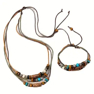 2count Vintage Boho Wooden Bead Layered Handwoven Pull-Out Bracelet Necklace Punk Style Multi-Layer Set