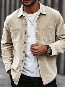 Men's Solid Plain Pocket Button Front Shirt, Regular Fit Casual Long Sleeve Collared Top for Spring & Fall, Men's Clothes for Daily Wear