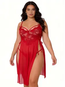 Shinyyep Lace Lingerie Women  V Neck Nighty Sleepwear Side Slit Nightdress Lingerie For Women with Adjustable Strap Chemise Nightgown