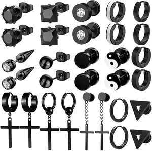 Men's 15-Pair Stainless Steel Earrings Kit - Cross Dangle Hoops, Ear Studs, Hypoallergenic Post Earrings for Male Sensitive Skin, Durable Shine Jewelry