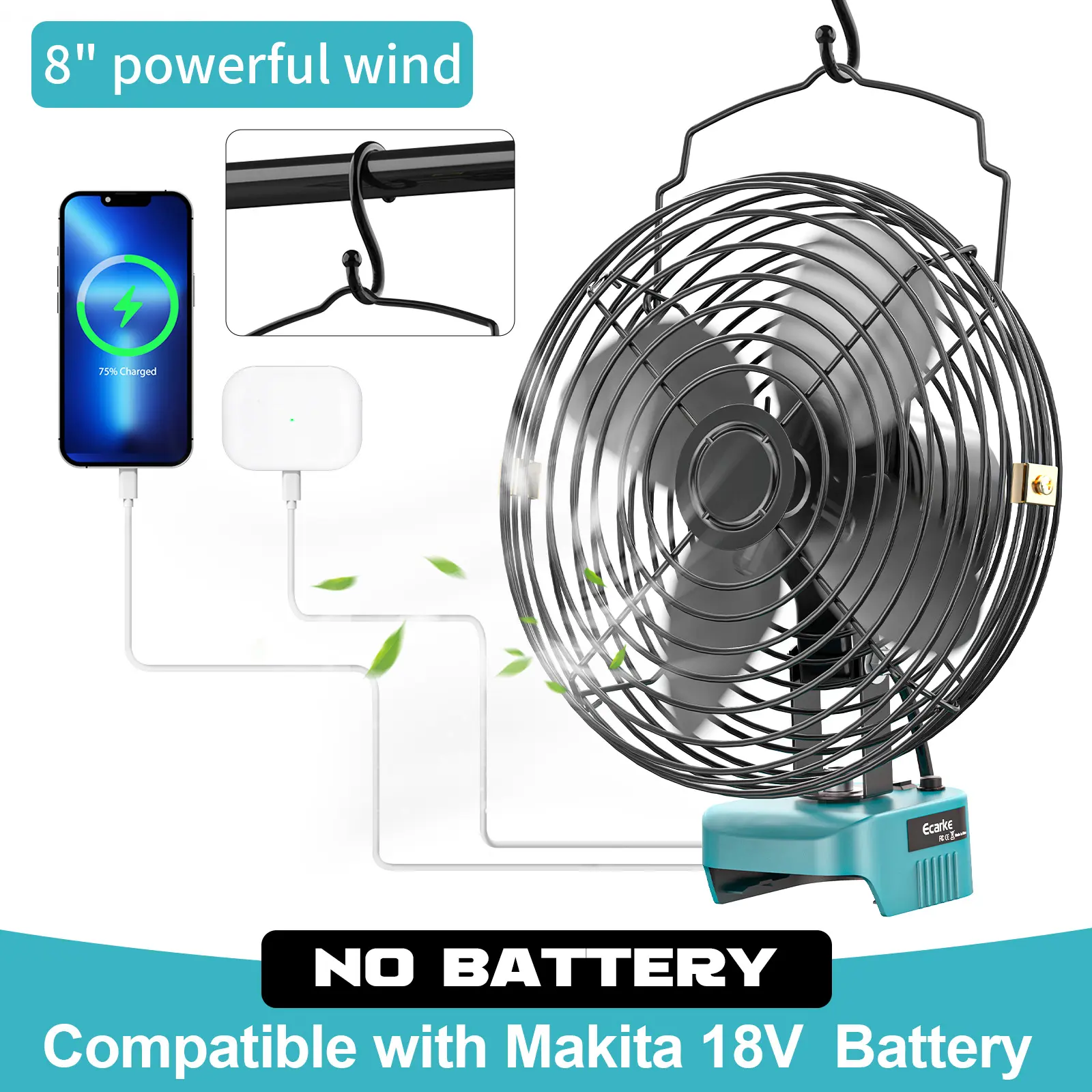 Jobsite Fan for Makita 18V Li-ion Battery, Battery NOT Included, for Industrial, Outdoor, Camping , Construction Site Cooling
