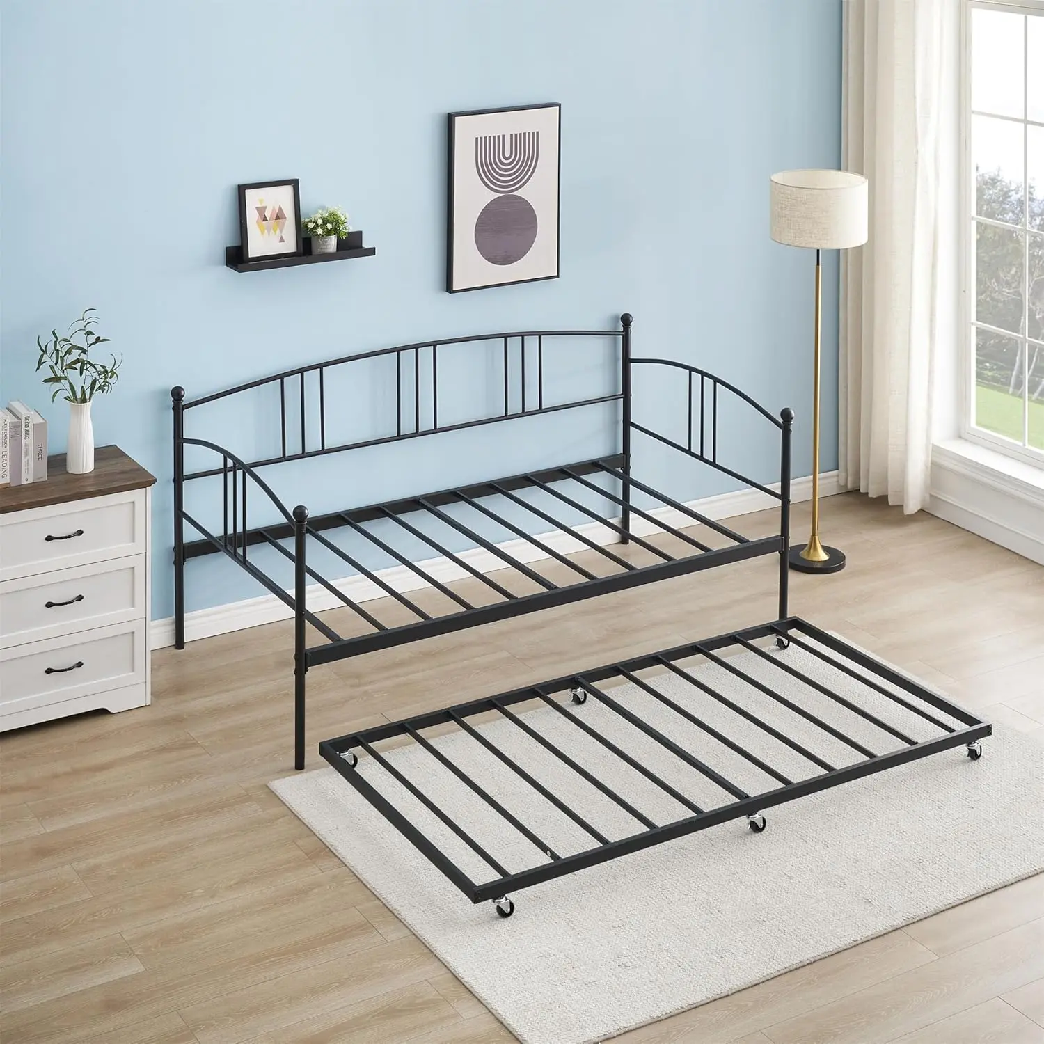 Durable Metal Twin Day Bed with Pullout Trundle, USB Port, 6 Casters, Steel Slat Support, 350lb Capacity, 74.8in L x 35.4in W x 4.3in H Trundle, No Box Spring Needed, Sturdy Metal Bed Frames for Living Room, Bedroom