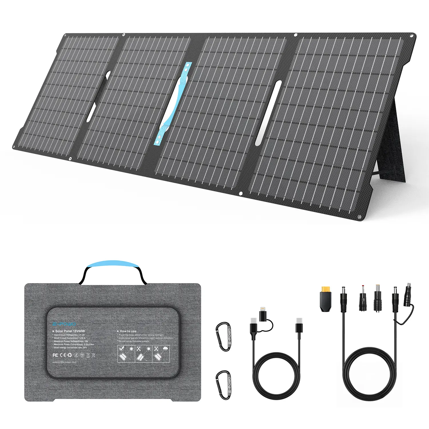 E-POWO 60W Portable Solar Panel Charger, Foldable ETFE Monocrystalline Solar Panel with USB-C, USB-A & DC Output, 23.5% High Efficiency, IP67 Waterproof Solar Charger for Camping, Hiking, RV, Emergency Backup, Small Power Stations