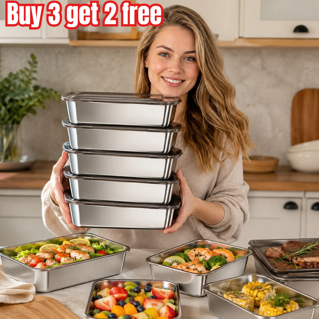(Buy 3 Get 2 Free, Total 5 Pack) Food Grade Stainless Steel Rectangular Stackable Storage Bins - BPA-Free, Leakproof, Durable, Dishwasher-Safe Kitchen Containers with Lids & Baking Trays - Countertop, Multi-Meal Food Storage for Meal Prep