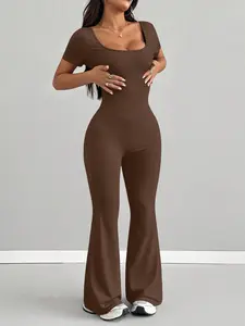 Women's Square Neck Short Sleeve Jumpsuit, Elastic Waist, Retro Sporty Style, Daily Commute, Fitness, Streetwear, Sweet Cool Casual